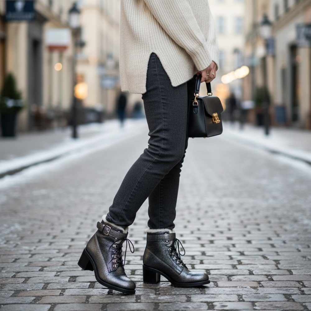 FREE LANCE Paris Shearling Lined Leather Combat Boots EU 39 Silver Metallic - Picture 13 of 14
